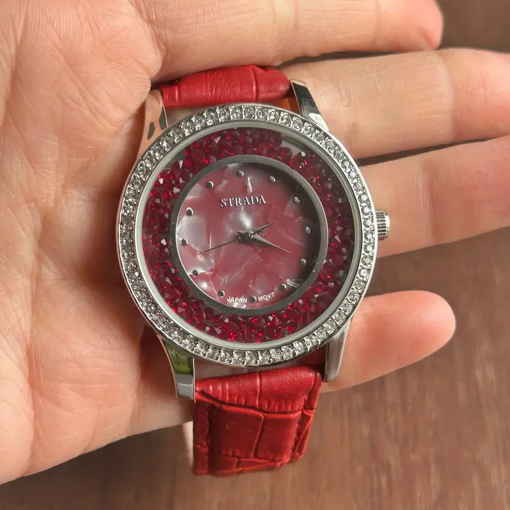 Strada Women’s Fashion Watch Red Crystals in a Box Working New Battery